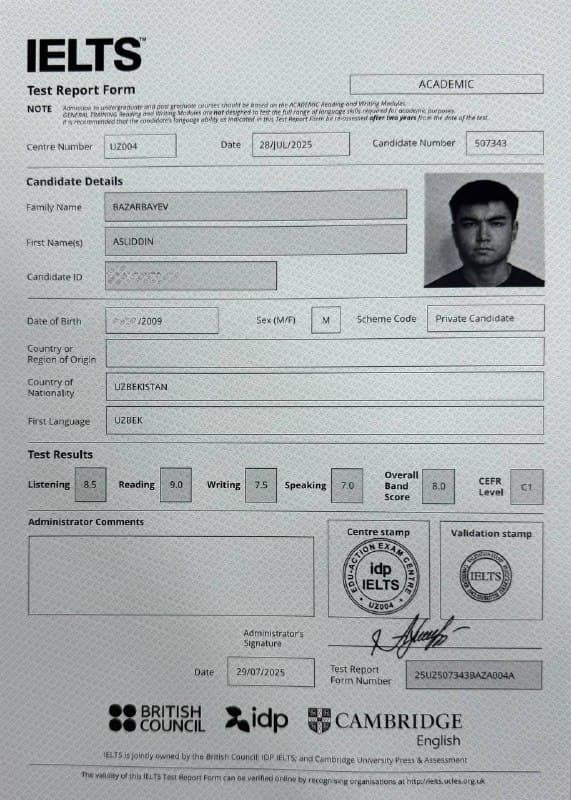 Asliddin Bazarbayev — IELTS Test Report Form
