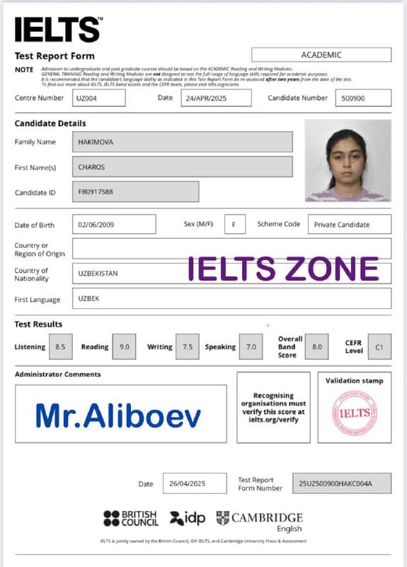 Charos Hakimova — IELTS Test Report Form