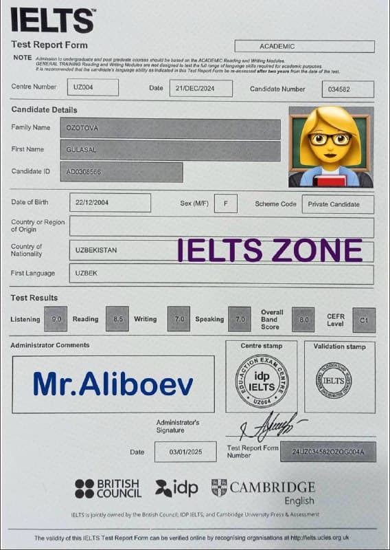 Gulasal Ozotova — IELTS Test Report Form