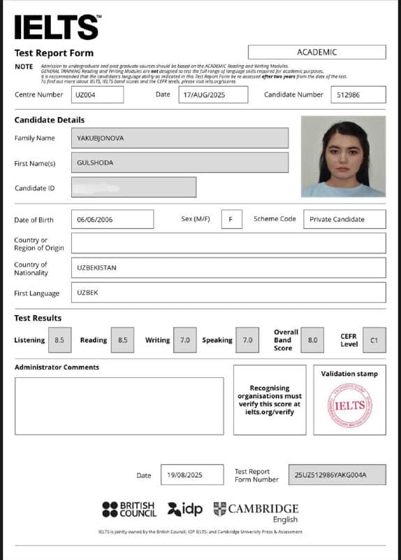 Gulshoda Yakubjanova — IELTS Test Report Form