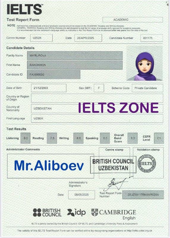 Maʼrufova Ranokhon — IELTS Test Report Form