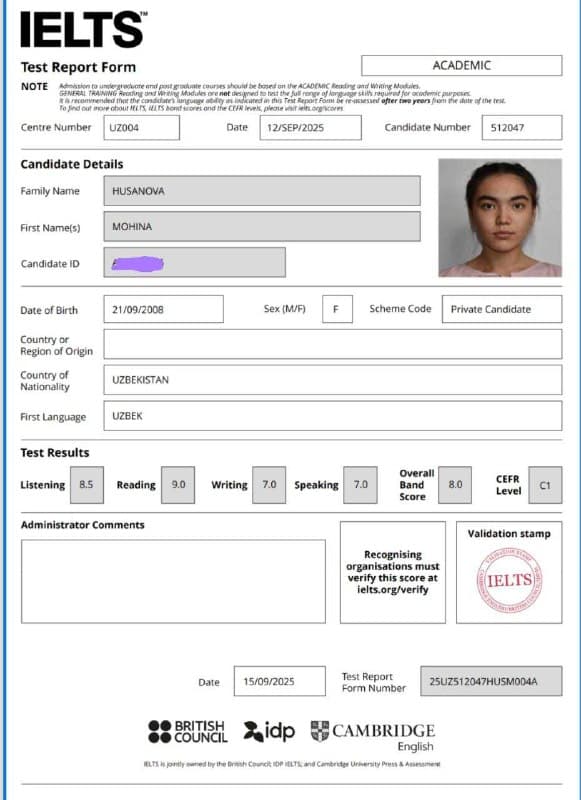 Mohina Husanova — IELTS Test Report Form