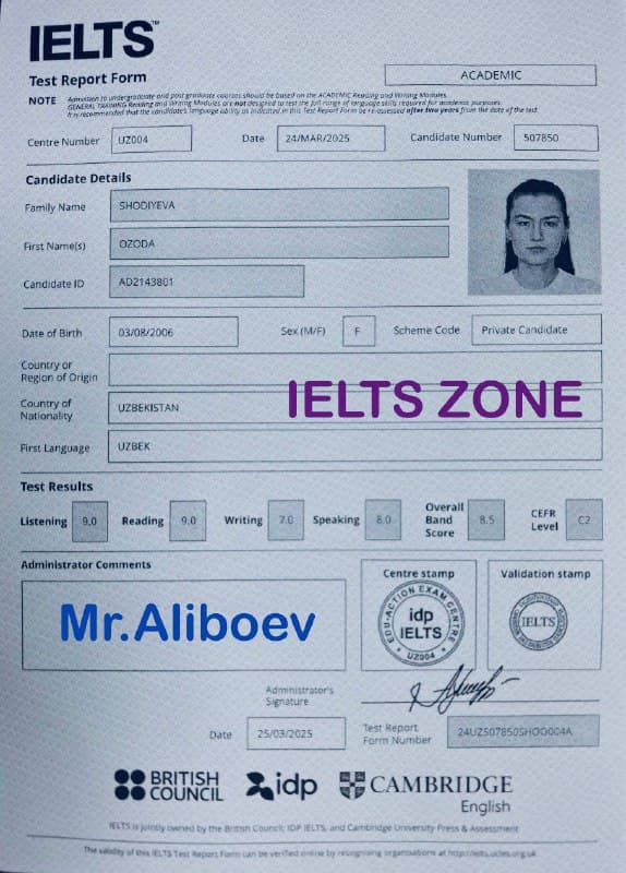 Ozoda Shodiyeva — IELTS Test Report Form