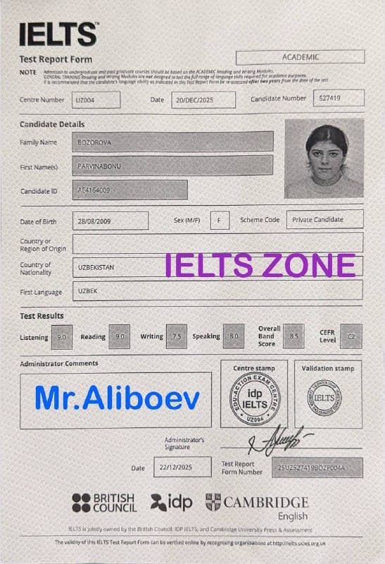 Parvina Bozorova — IELTS Test Report Form