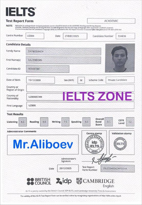 Salohiddin Zayniddinov — IELTS Test Report Form