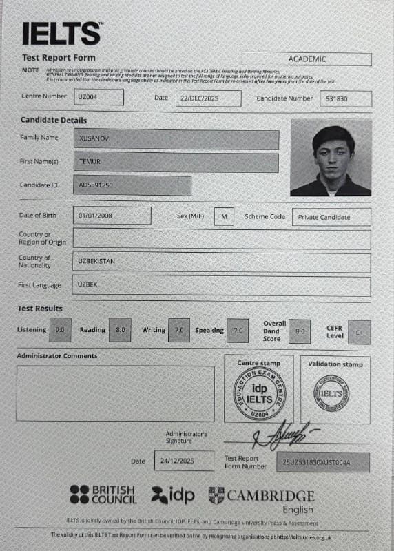 Xusanov Temur — IELTS Test Report Form